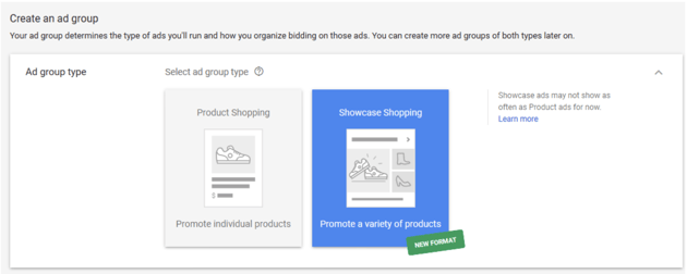 Google Showcase Shopping advertentiegroep aanmaken.